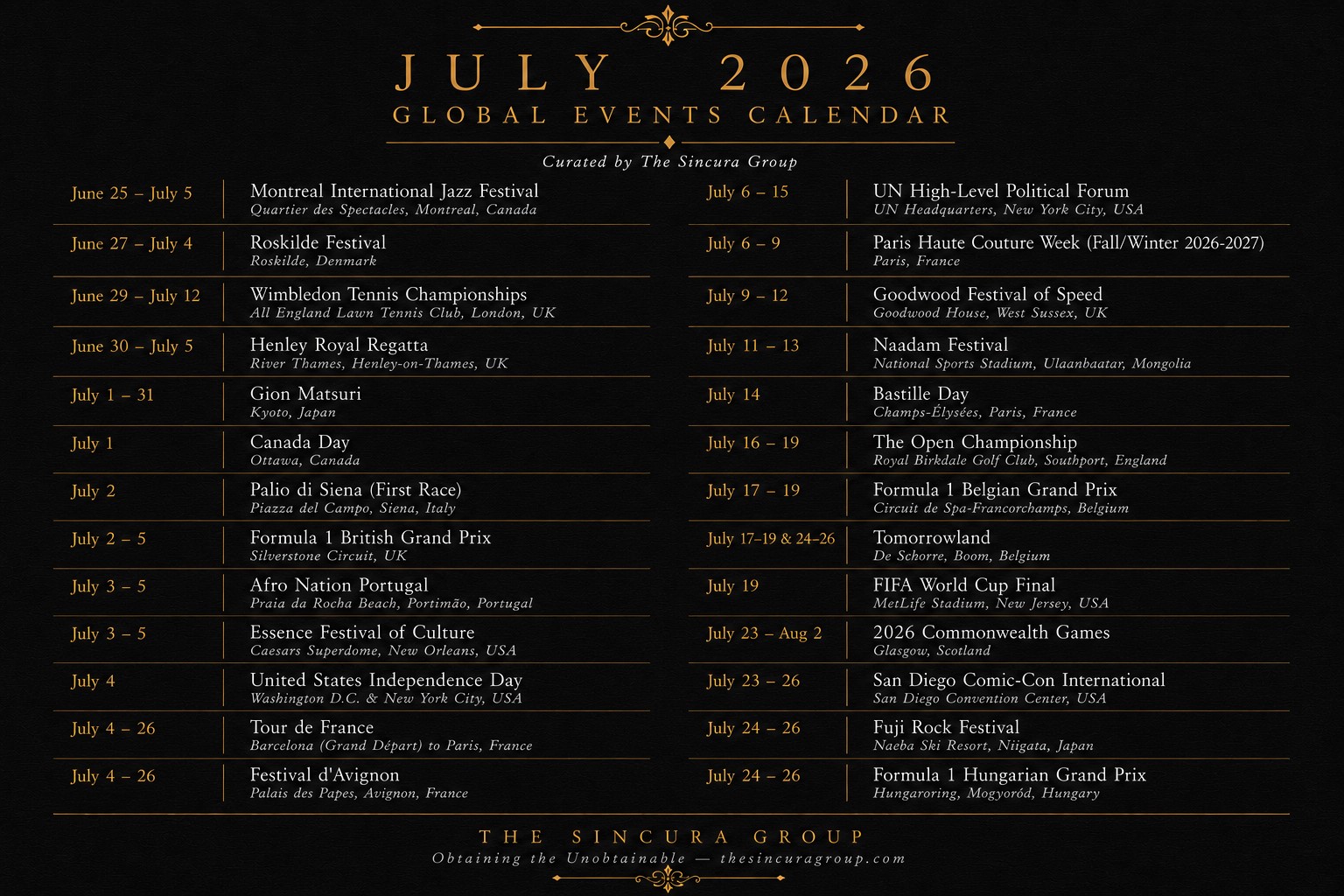 events calendar of global vip events for July 2026