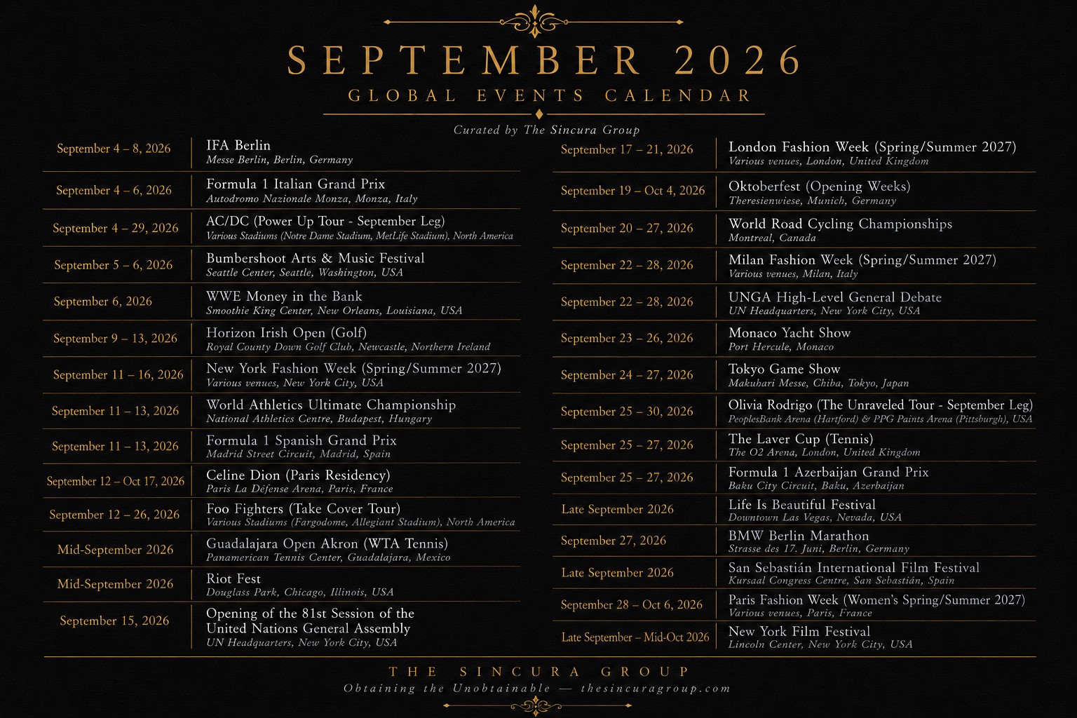 events calendar of global vip events for September 2026