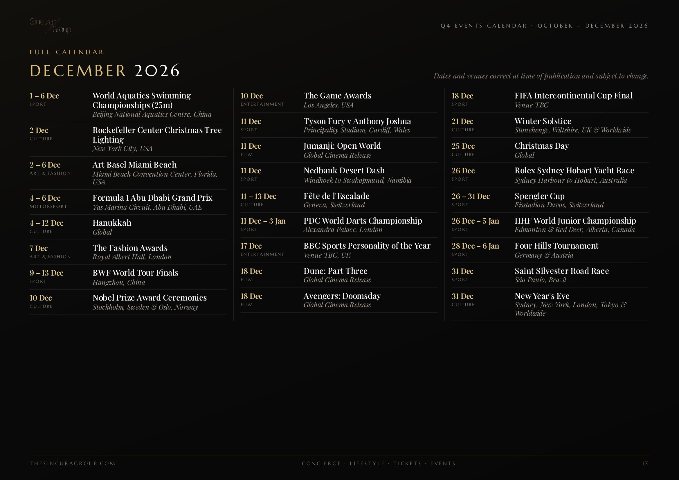 vip events calendar for december 2026