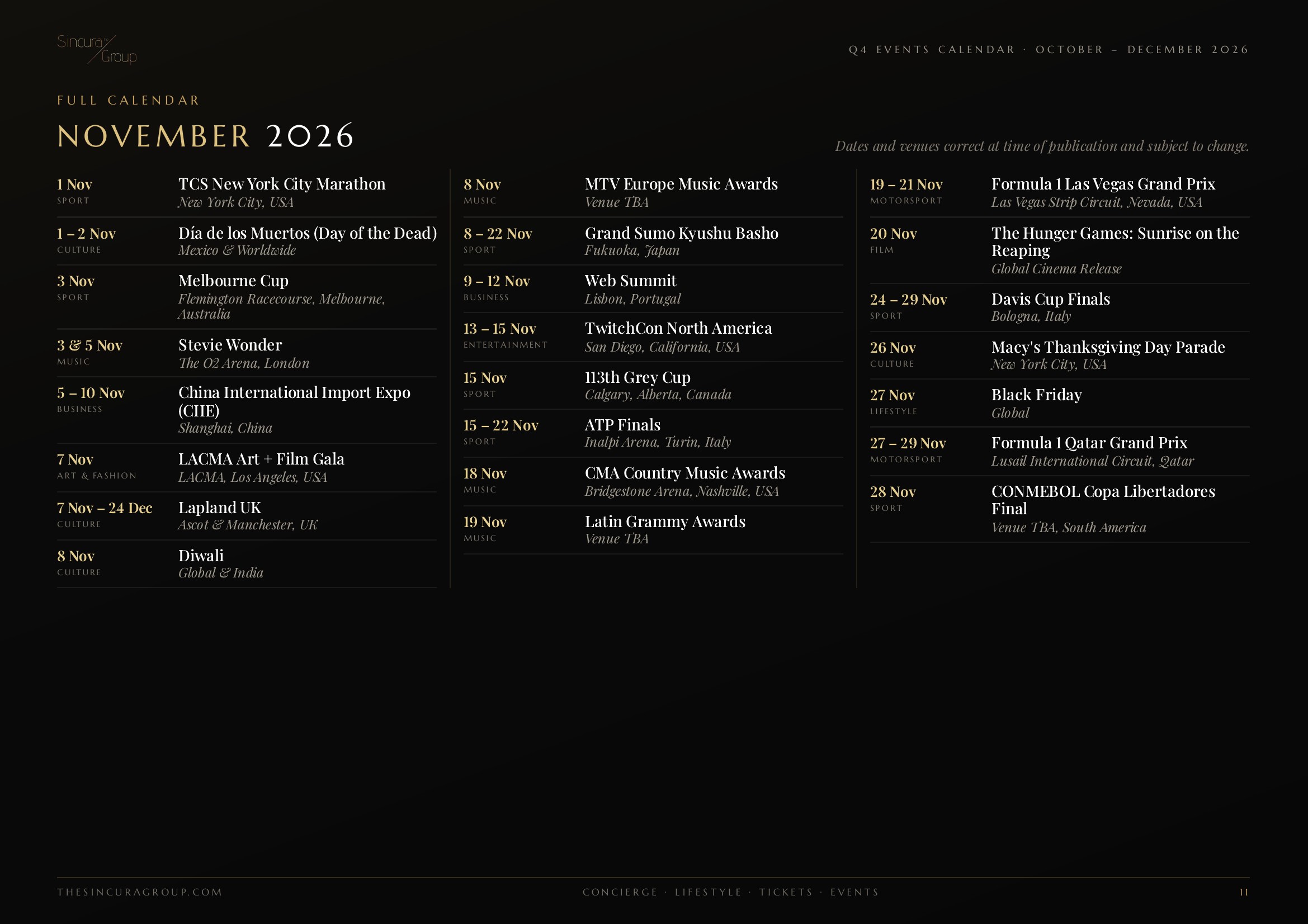 vip events calendar for november 2026