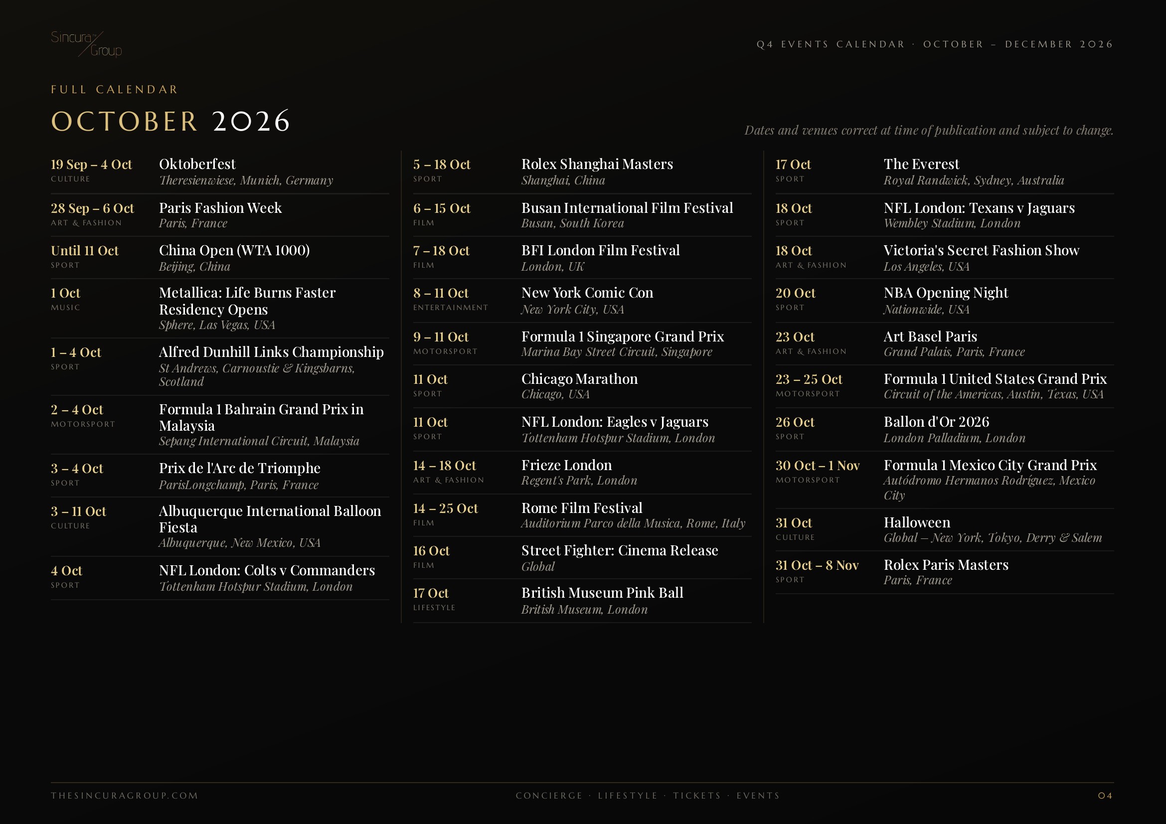 vip events calendar for october 2026