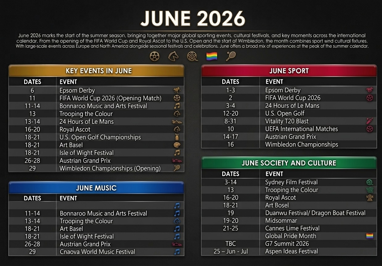 events calendar of global vip events for June 2026