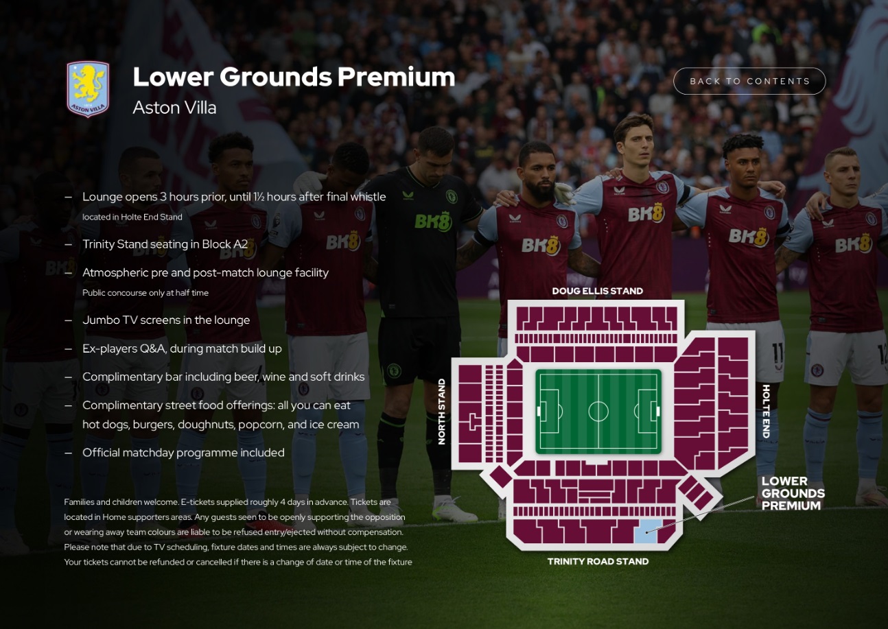 Aston Villa Vip tickets and hospitality at the Lower Grounds Premium with Sincura Football