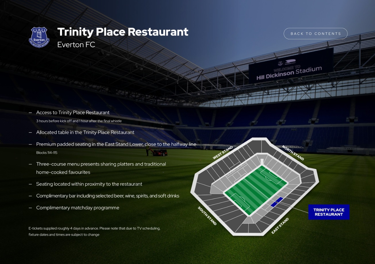 Everton Vip tickets and hospitality at the Ttinity Place Restaurant with Sincura Football
