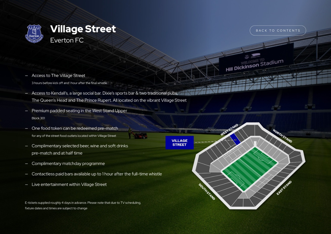 Everton Vip tickets and hospitality at the Village Street with Sincura Football