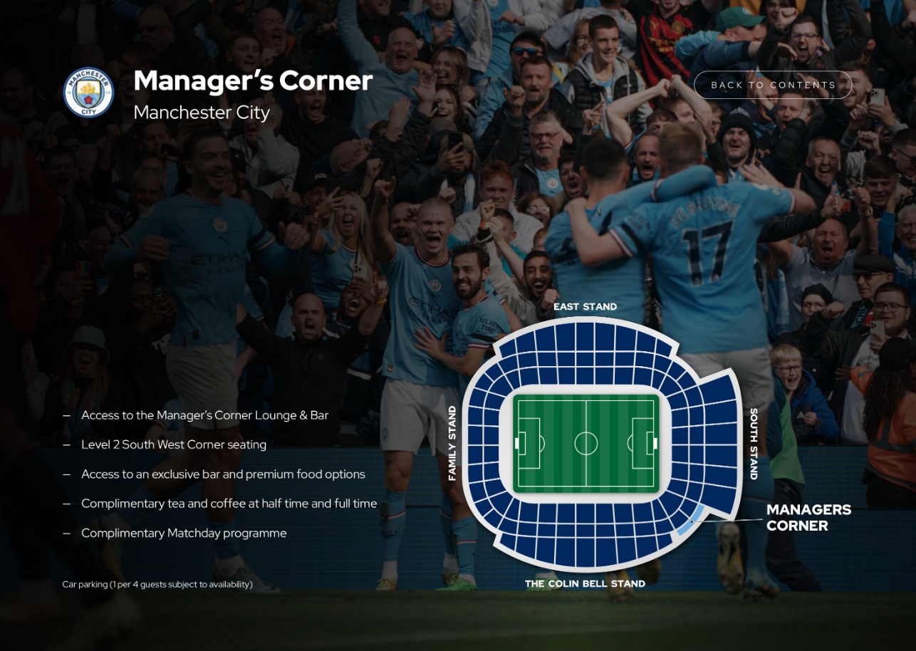 Manchester City Vip tickets and hospitality at the Manager's Corner with Sincura Football