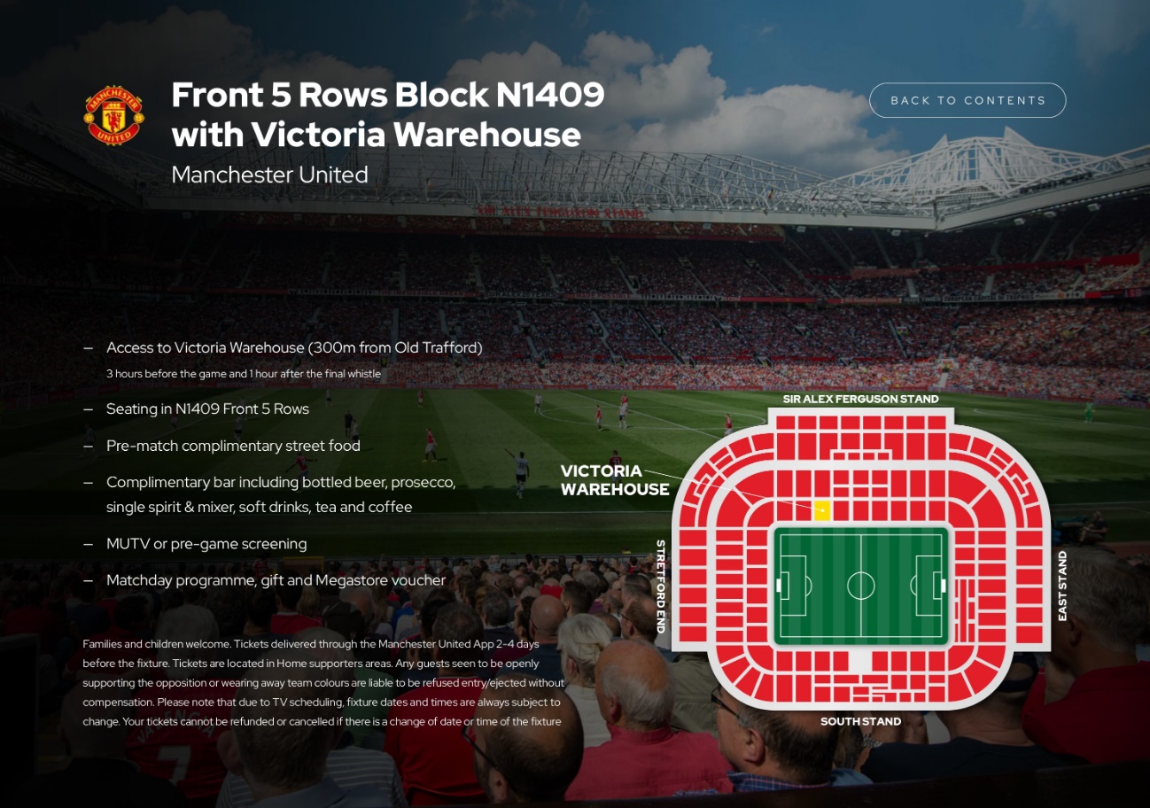 Manchester United Vip tickets and hospitality at the Front 5 Rows Block N1409 with Victoria Warehouse with Sincura Football