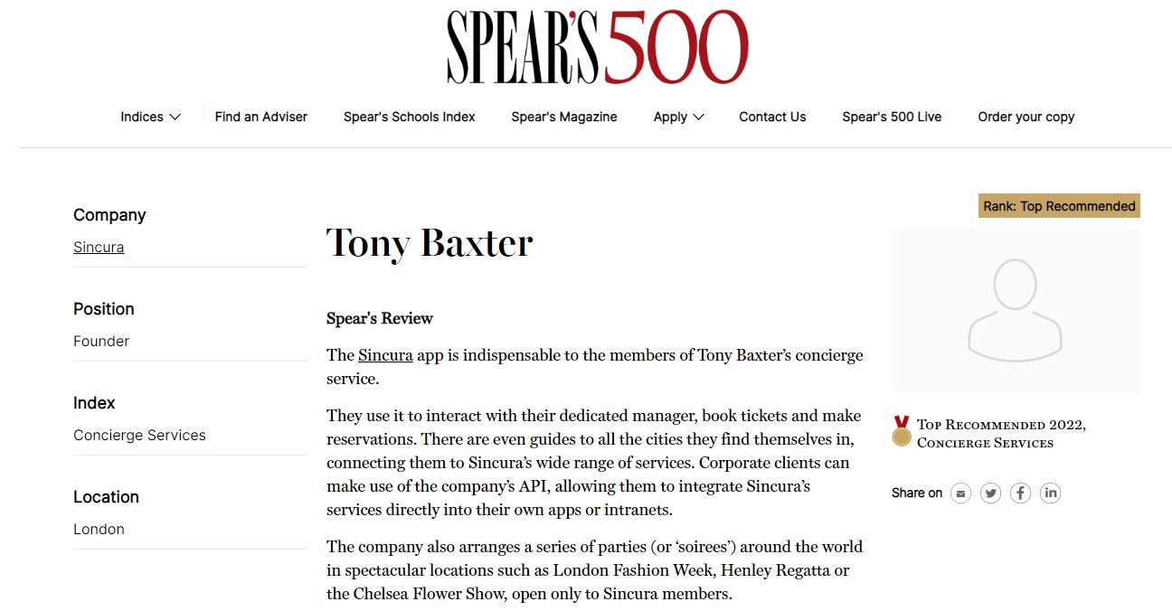 sincura founder tony baxter names in spear top 500