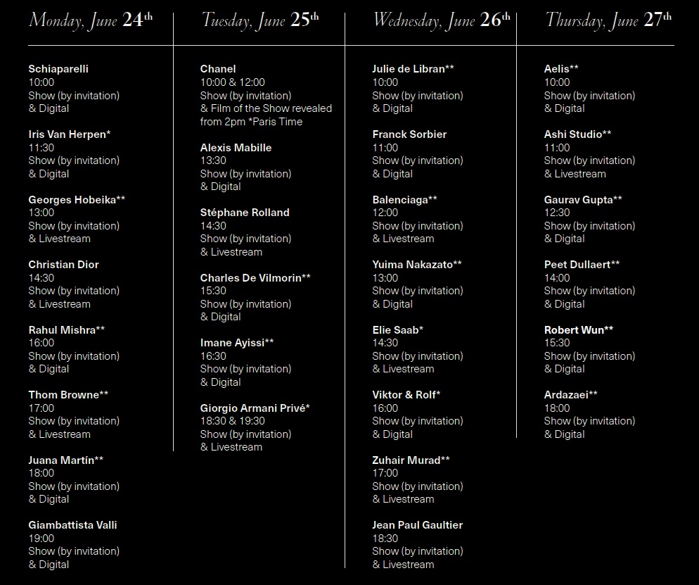 see the schedule for paris fashion week haute couture